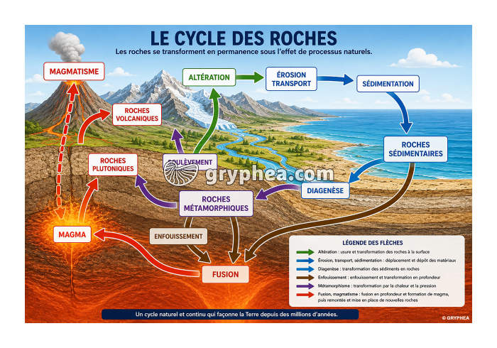 Le cycle des roches - schéma légendé - gryphea.org